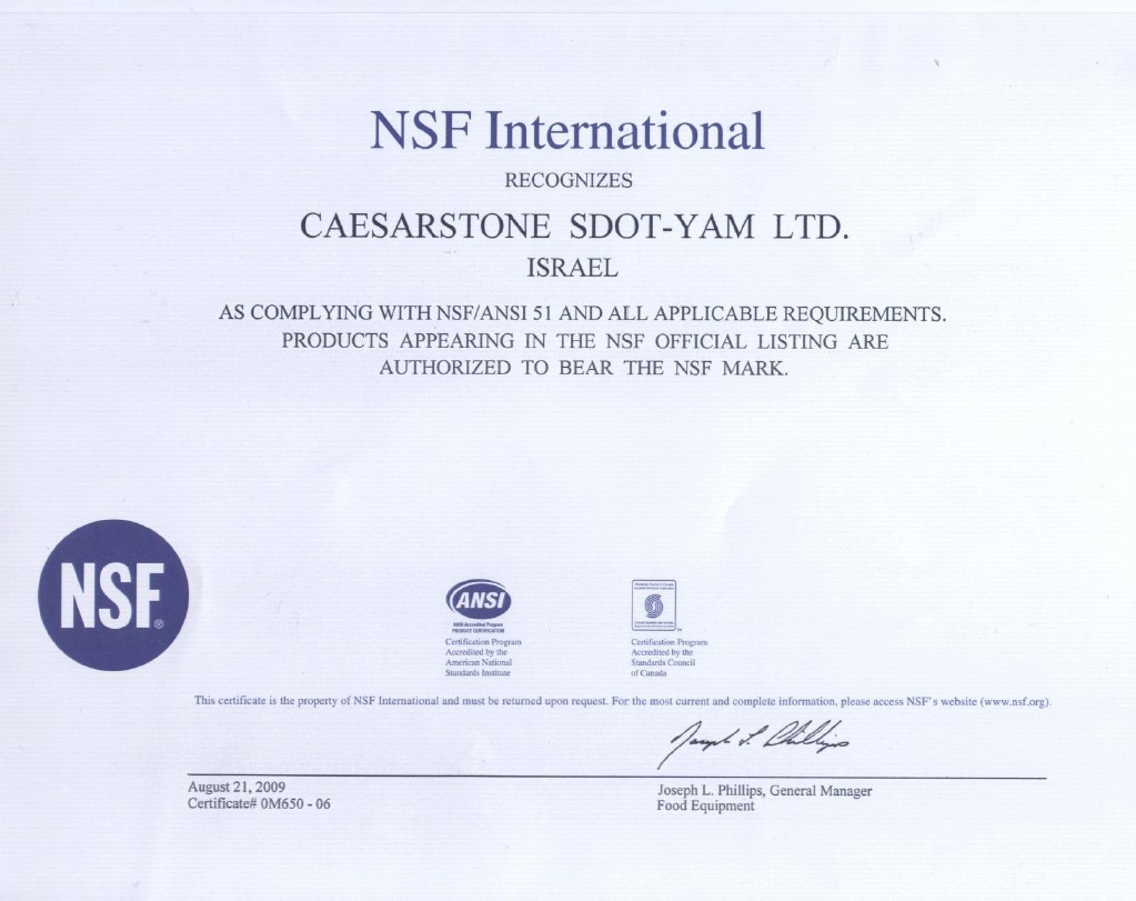 Caesarstone. Certifikát mezinárodní organizace NSF International